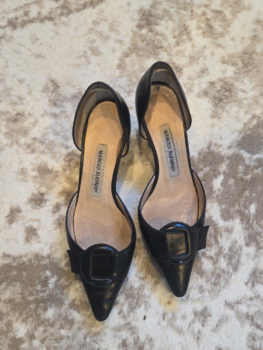 Manolo Blahnik Black Pointed Leather D'Orsay Flats with Buckle